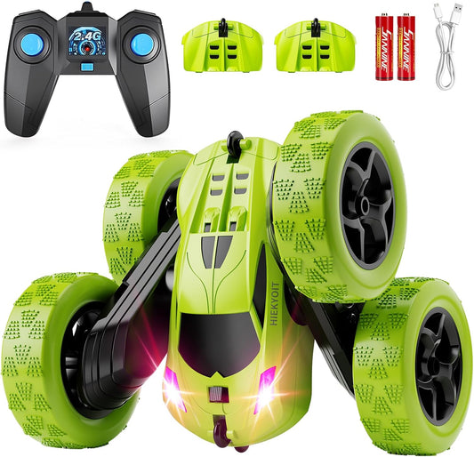 Remote Control Car for Kids Ages 6+, RC Cars Stunt Car Toy 4WD Double Sided 360° Rotating Remote Control with Headlights, Birthday Xmas Gifts for Boys 6 7 8 9 10 11 12 Green