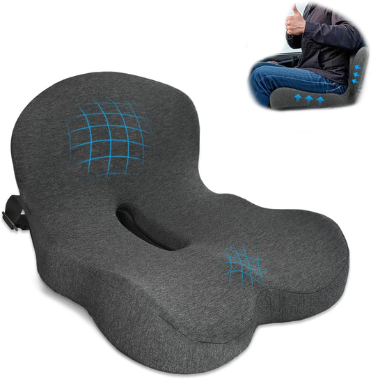 Memory Foam Seat Cushion,Office Chair Cushion with Lumbar Support for Back Pressure Relief, Car Seat Cushion with Adjustable Strap,Sciatica Pad Cushions for Car,Truck, Desk,Gaming Chair