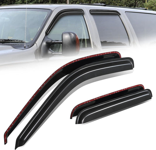 Auto Dynasty 4Pcs Carbon Fiber Pattern Window Visors Compatible with 2000-2005 Ford Excursion, Tape-On Front & Rear Window Deflectors Rain Guards Sun Wind Air Side Vent Shade, Glossy Black