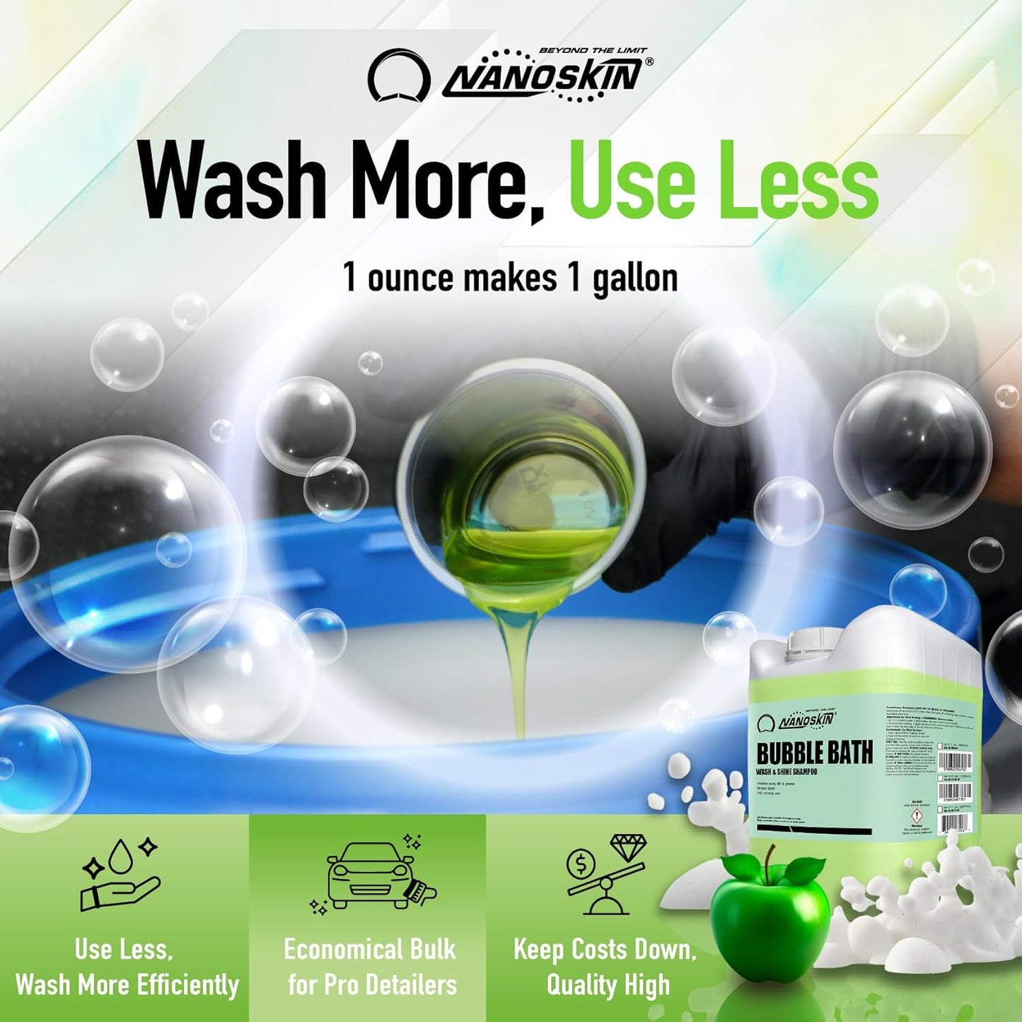 Nanoskin BUBBLE BATH Foaming Car Wash Shampoo 55 Gallons - Works with Foam Cannon, Foam Gun, Bucket Washes, Car Soap for Pressure Washer | For Car, Truck, Motorcycle, RV & More | Green Apple Scented