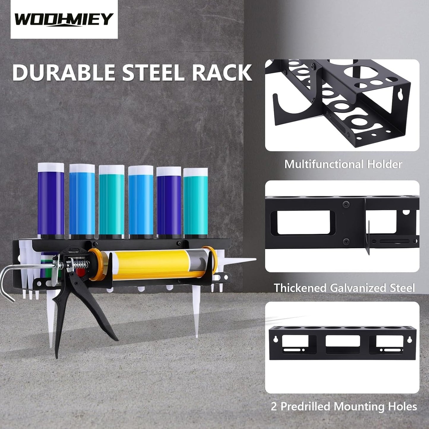 Caulking Tool Holder,Caulking Tool Storage Rack,Wall Mounted Caulk Tube Holder Sealant Organizer with 6 Tube Slots and 6 Nozzle Slots for Garage Workshop Shop