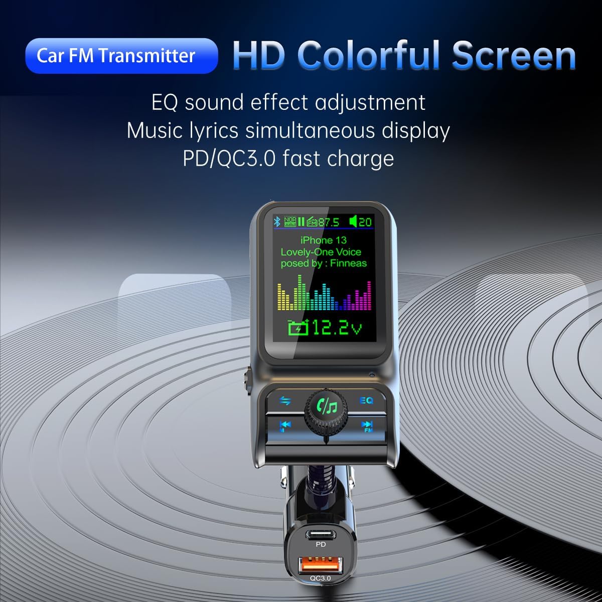 BC85LK Wireless Bluetooth Car Adapter with QC 3.0 PD 3.0 USB C Fast Charger, Bluetooth 5.0 Radio Transmitter, Hands-Free Phone Call Support