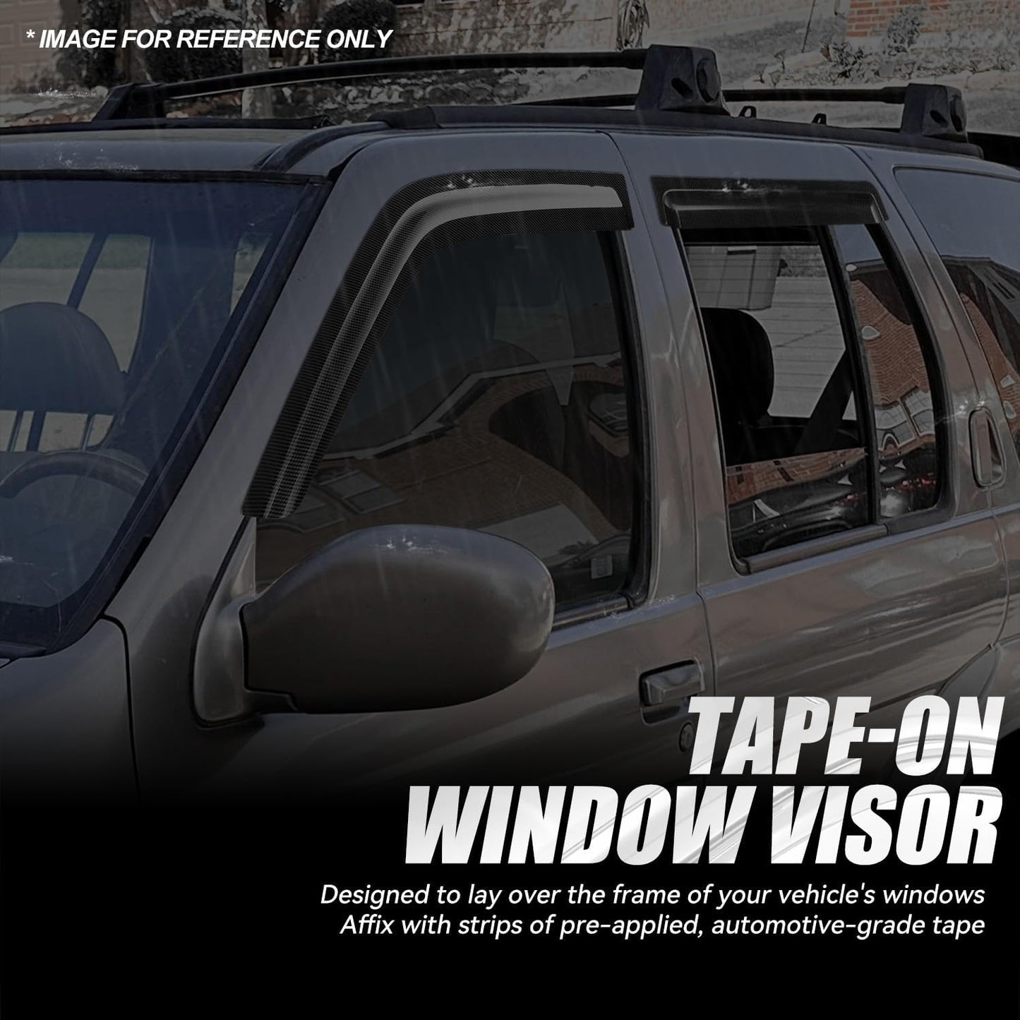 Auto Dynasty 4Pcs Carbon Fiber Pattern Window Visors Compatible with 1996-2004 Nissan Pathfinder Infiniti QX4, Tape-On Front & Rear Window Deflectors Rain Guards Sun Air Side Vent Shade, Glossy Black