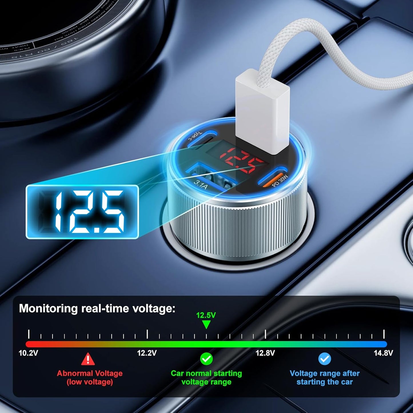 Car Phone Charger for iPhone 16 15, Besgoods USB C Car Charger Adapter 4 Ports with Voltmeter PD&QC Fast Charging Cigarette Lighter for Galaxy S25 S24 S23 A54 A15 Dash Cam, with 6ft USB C to C Cable