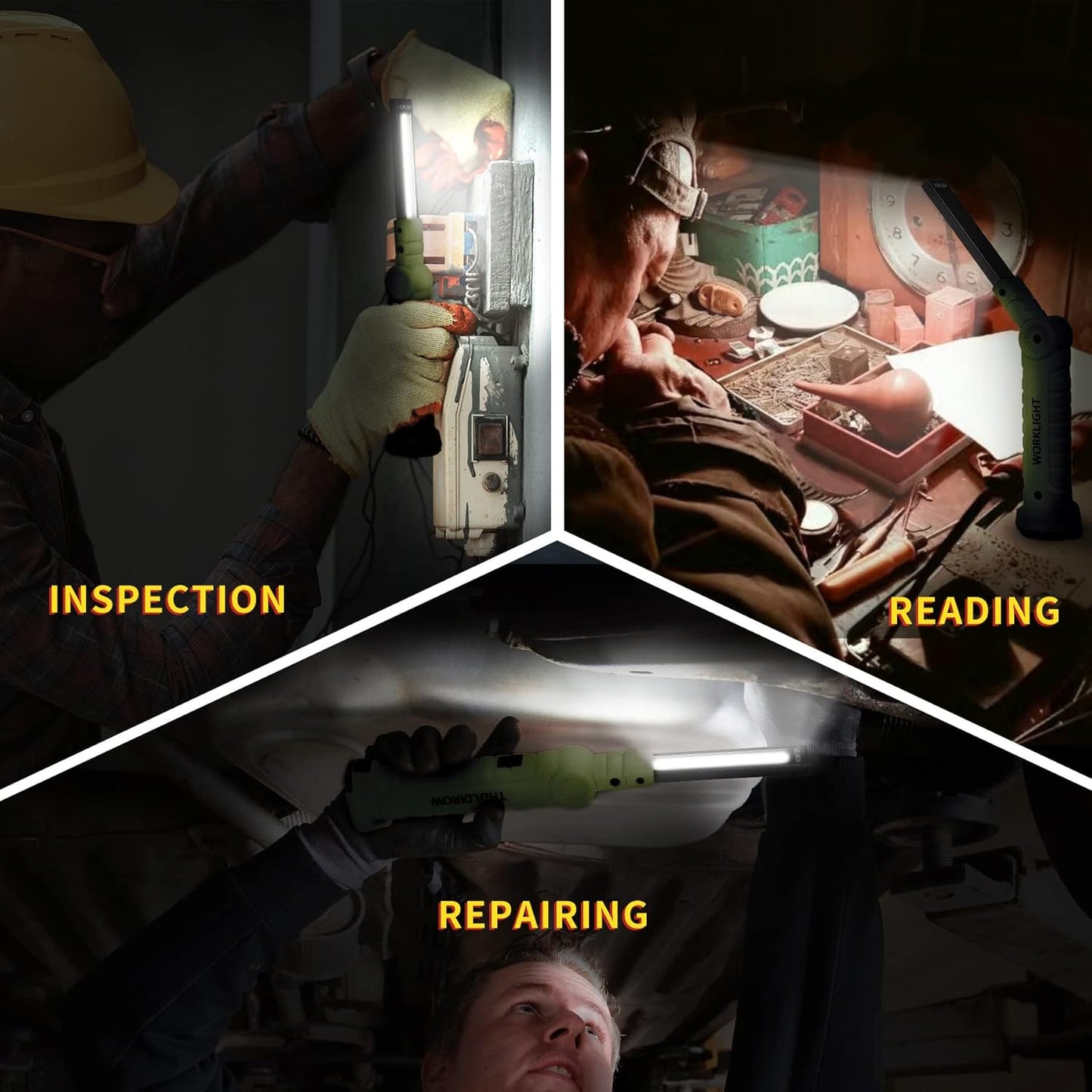 Suranew LED Worklight Flashlight, COB Rechargeable Work Lights with Magnetic Base 360 Degree Rotate and 5 Modes Portable Flood Light Inspection Construction Light for Car Repair (Army Green, 2 Pack)