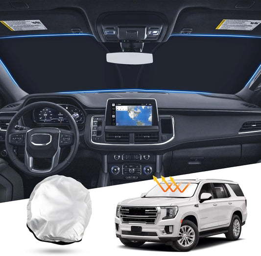 T TGBROS Windshield Sun Shade Custom Fit for 2021-2023 2024 2025 GMC Yukon, Yukon XL Accessories Foldable Sun Shield Reflective Polyester Sun Visor Cover Block Heat and Sun Protection
