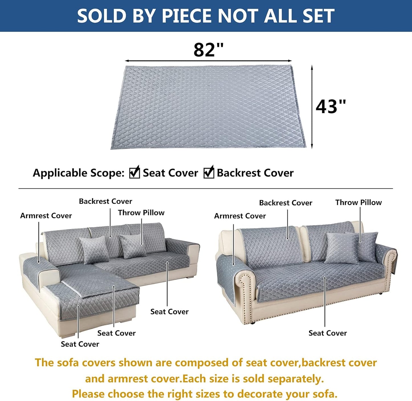 Eismodra Couch Cover,Sectional Couch Covers,Sofa Covers for 3 Cushion Couch,Anti-Slip Sofa Slipcovers for Dogs Cats Kids Loveseat Recliner L Shaped Armrest Backrest,Light Gray 43''x82''(Only 1 Piece)