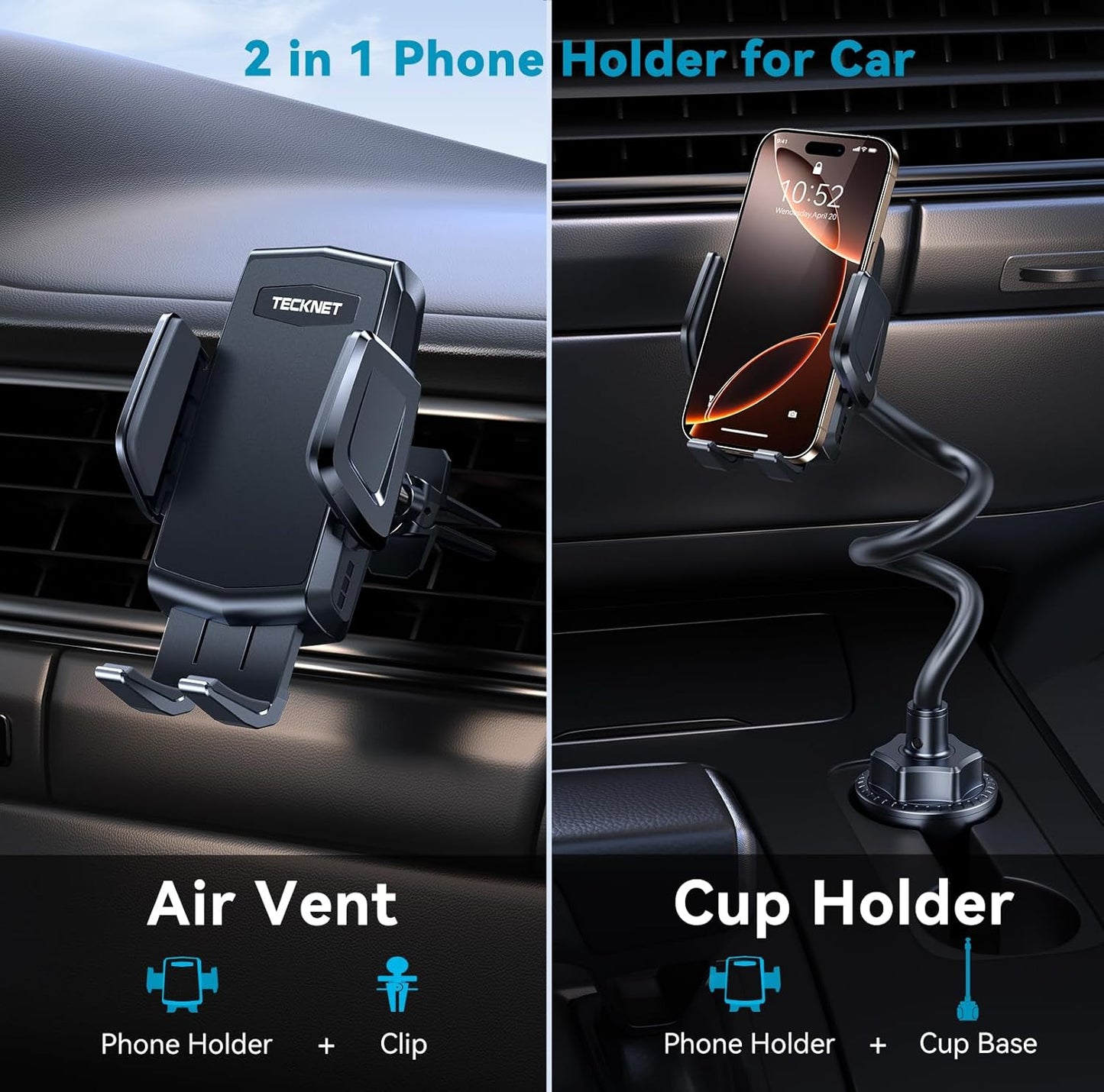 TECKNET Universal Car Cup Phone Holder – Adjustable Cradle Car Mount with Air Vent Phone Mount & Extra Grip Pads for iPhone, Samsung, All Smartphone