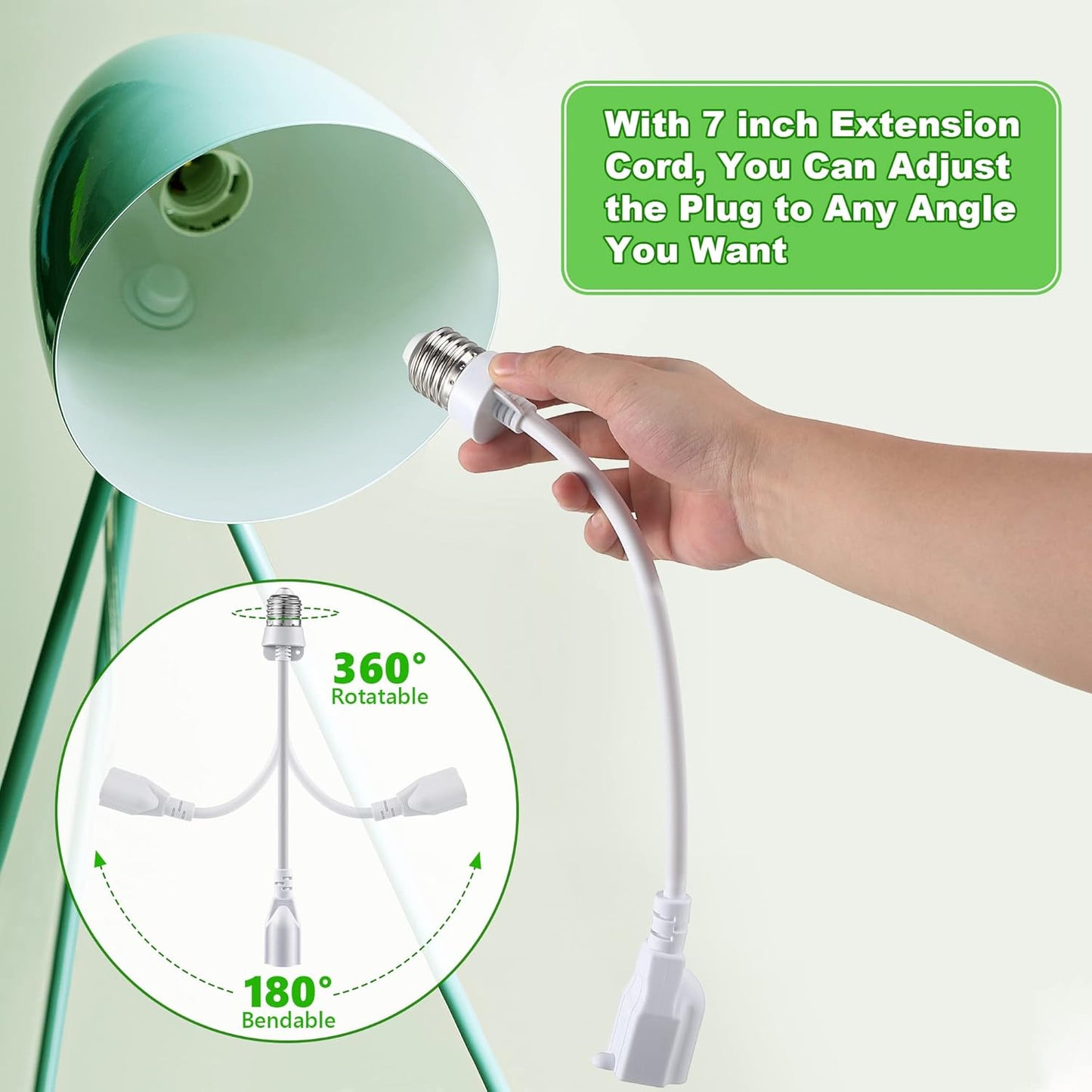 Feekoon 1 Pack 3 Outlet Light Socket Adapter, Convert E26/E27 Bulb Socket to 3 Prong Outlet with Extension Cord, Light Bulb Plug Adapter Converter Suitable for Outdoor Porch Garage Patio Use (White)