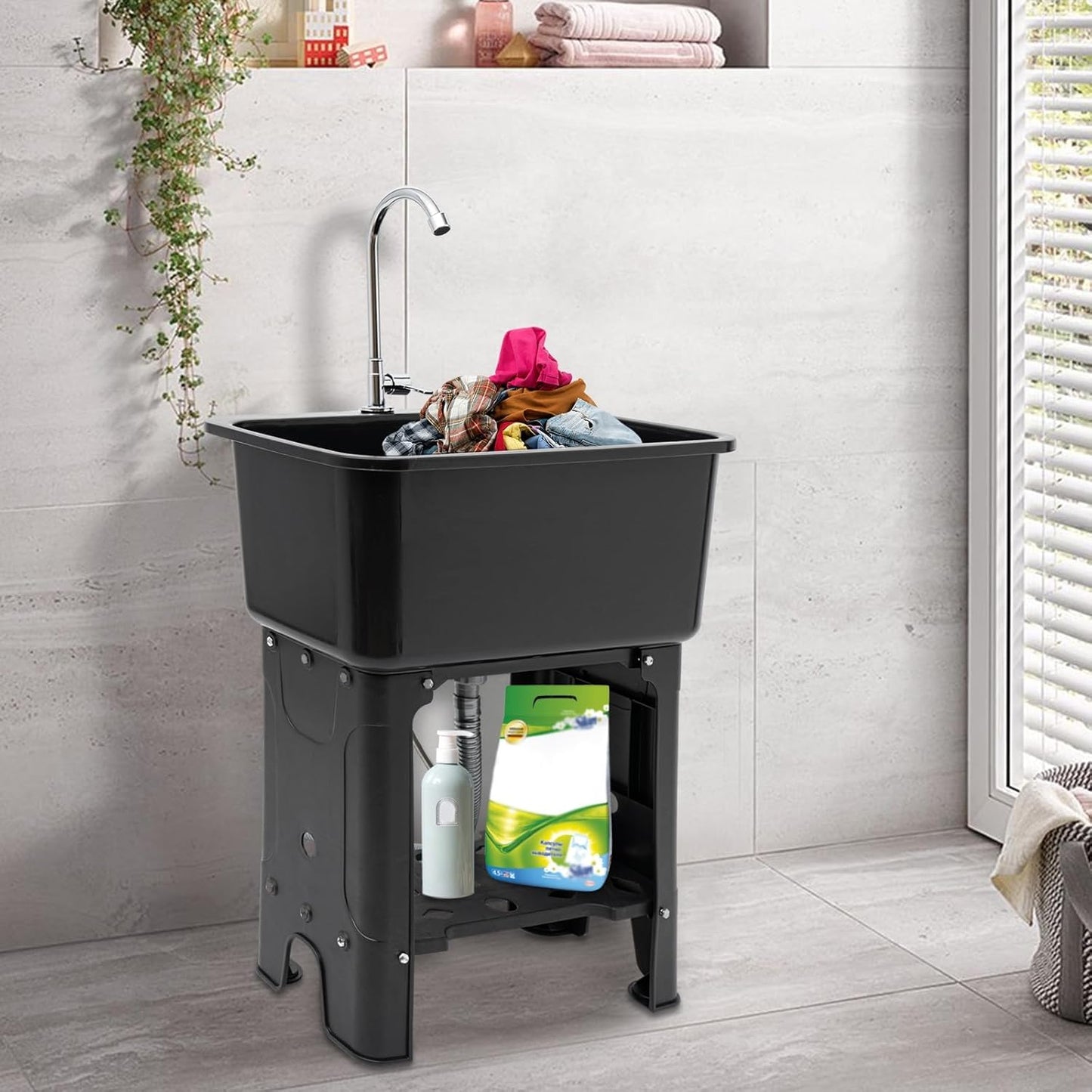 Free Standing Utility Sink with Washboard Laundry Tub Sink for Outdoor,Garage,Basement,Garden wuth Faucet,Drain,Storage Shelf (Black, 23.6 * 15.8 * 30.1in)