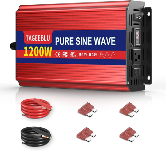 1200W Pure Sine Wave Inverter, 12V DC to 110V/120V AC Power Inverter for RV、Off Grid、Truck、with 2 AC outlets and LCD Display