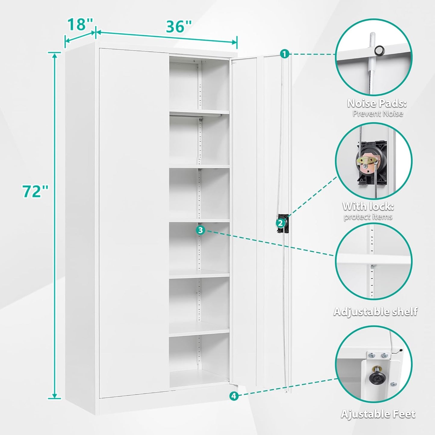Wide & Deep Metal Storage Storage Cabinet with 5 Adjustable Shelves,White Metal Cabinet with Lock,Steel Pantry Cabinets,72" Lockable Cabinets for Home,Office,Garage,Kitchen,Shop