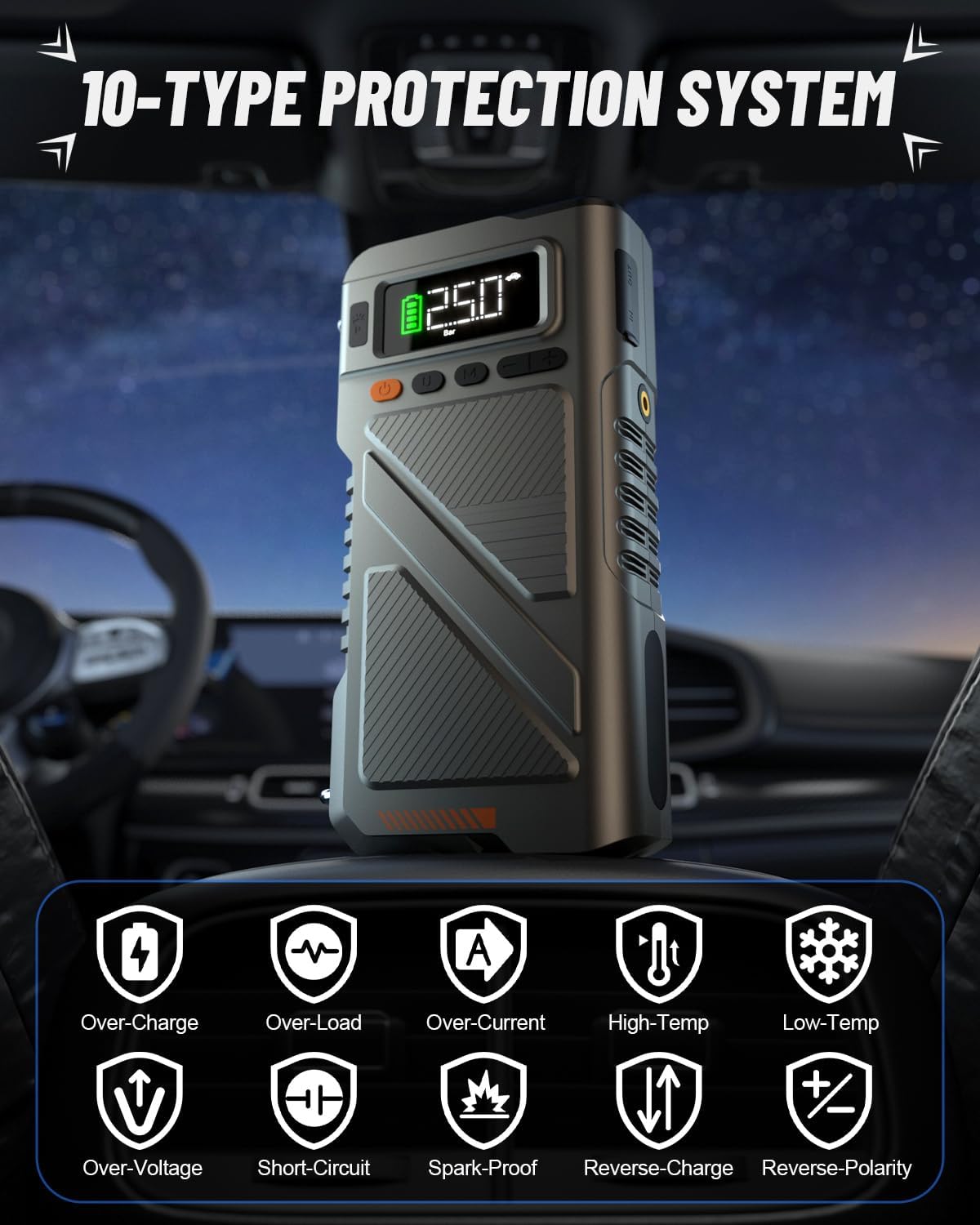 9000A Jump Starter with Air Compressor, Car Charger Portable Jump Box for Car with 150PSI Tire Inflator, Power Pack Jumpstart 12V Vehicle for All Gas/12L Diesel w/Extended Jumper Cable