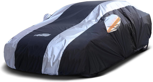 Car Cover Waterproof All Weather Protection with Silver Stripe Design,Outdoor Car Cover Universal Fit Lincoln MKZ, Chrysler 300, Tesla Model S, Cadillac CTS CT5, Dodge Challenger Charger