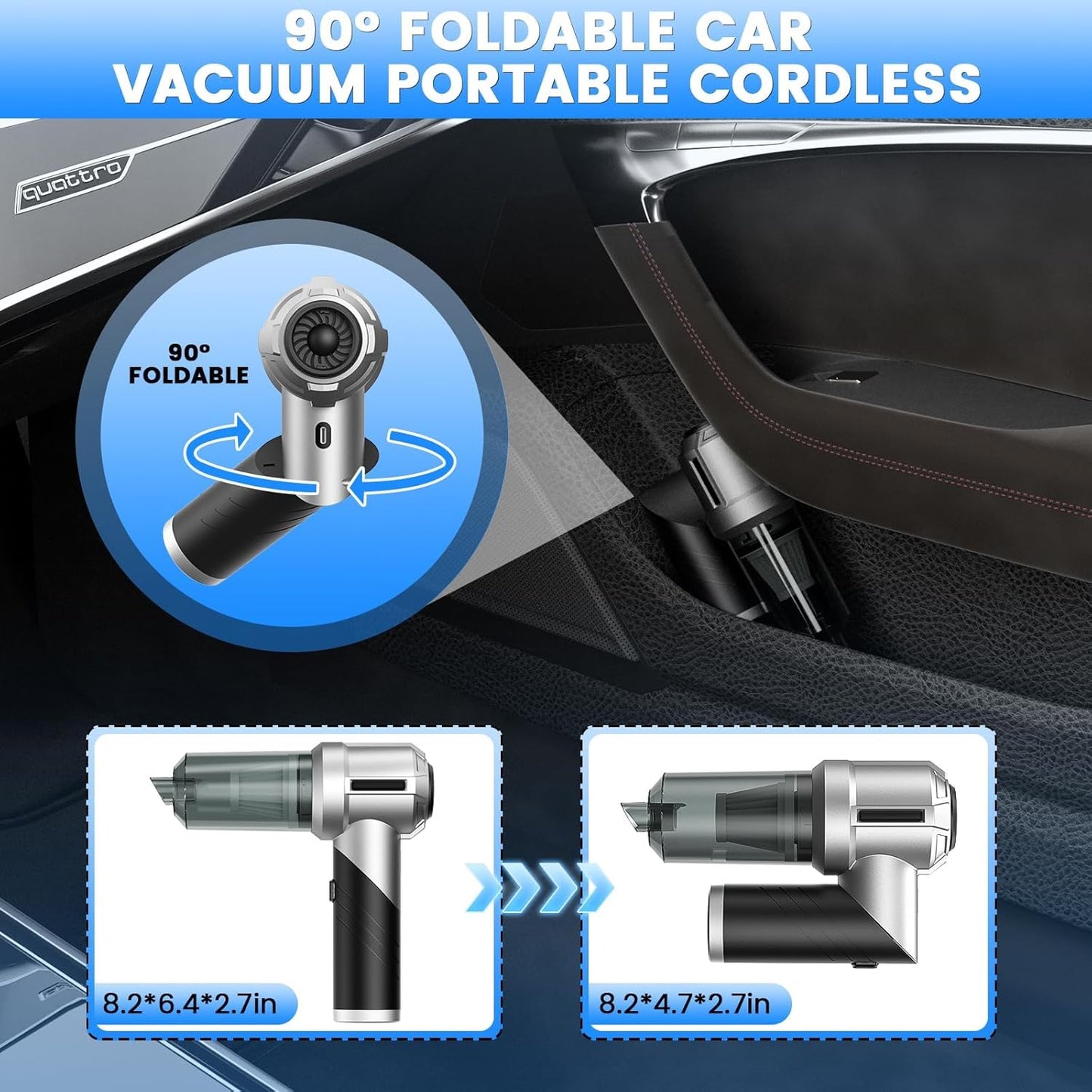 Arify Pro Car Vacuum Portable Cordless with 18000PA Super Suction, 4 in 1 Portable Air Blower/Car Vacuum 90°Foldable Handheld Rechargeable Brushless Motor for Home, PC