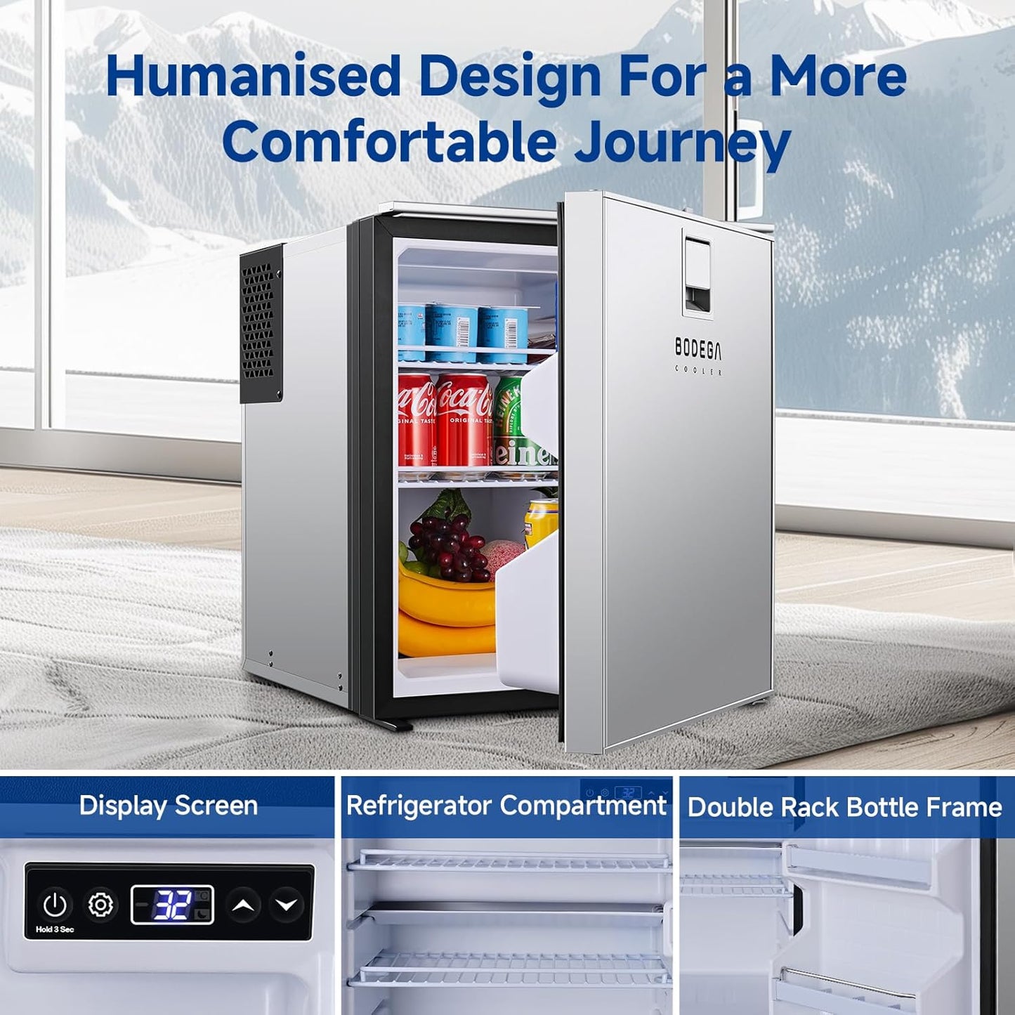 BODEGACOOLER 12 Volt Refrigerator, 63.4Quart RV Refrigerator, Dual Modes RV Fridge with LED, (32℉-50℉) Travel Compressor Cooler 12/24V DC for Boat, Yacht, Caravan, Truck, Camping (Silver)