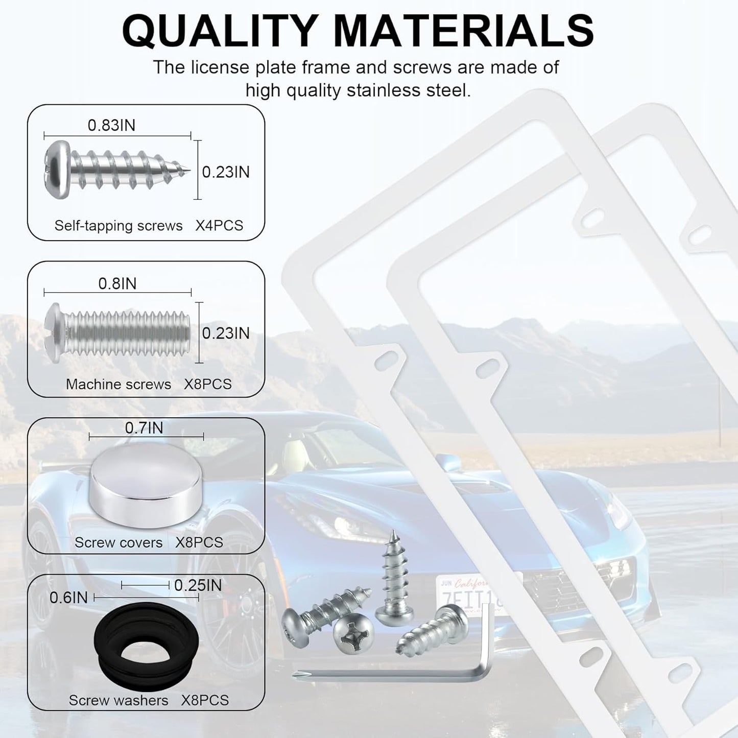 LivTee 4 Holes Stainless Steel License Plate Frames, 2 PCS Car Licence Plate Covers, Automotive Exterior Accessories Slim Design with Bolts Washer Caps for US Vehicles, White