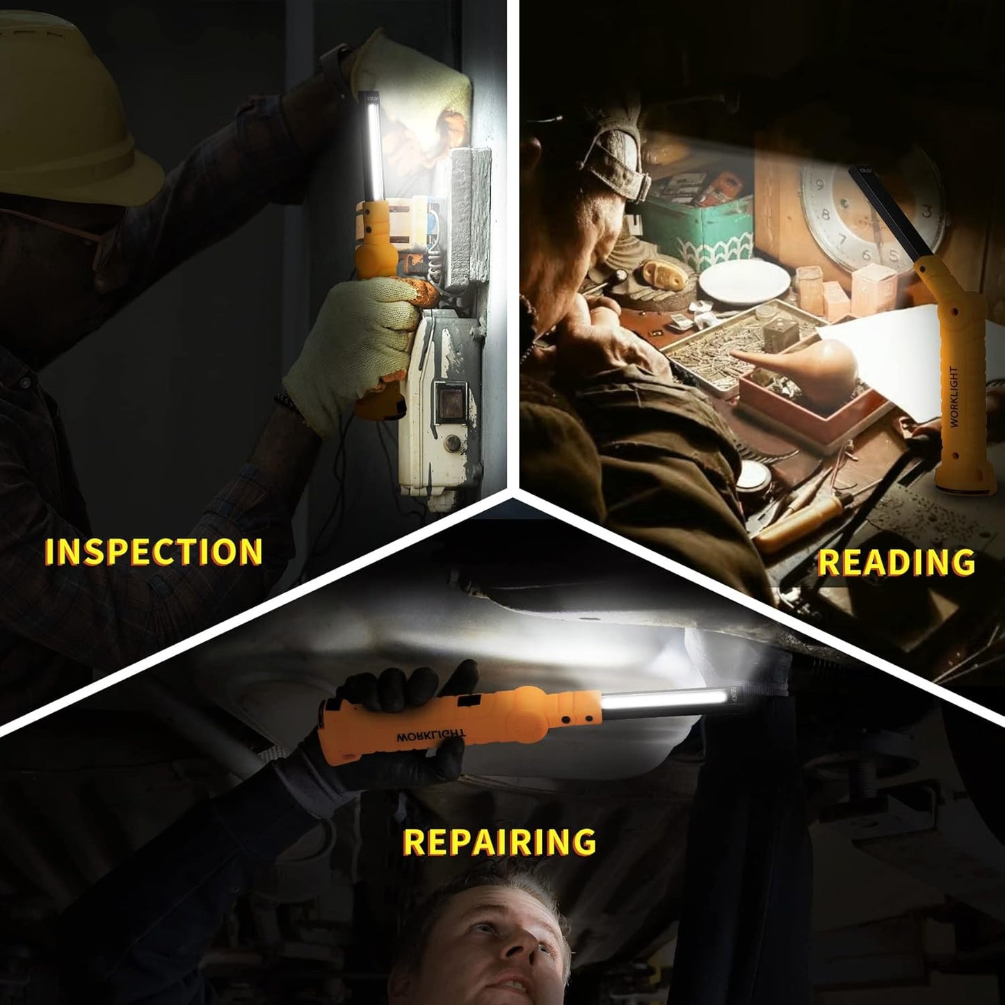 LED Worklight Flashlight, Suranew COB Rechargeable Work Lights with Magnetic Base 360 Degree Rotate and 5 Modes Portable Flood Light Inspection Construction Light for Car Repair (Yellow, 2 Pack)