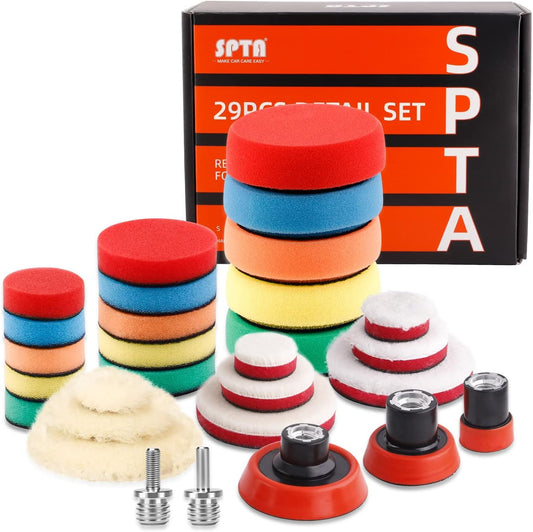 SPTA 29pcs Drill Buffing Pad Detail Polishing Pad Mix Size Kit with 5/8-11 Thread Backing pad & Adapters for Car Sanding, Polishing, Waxing, Sealing Glaze