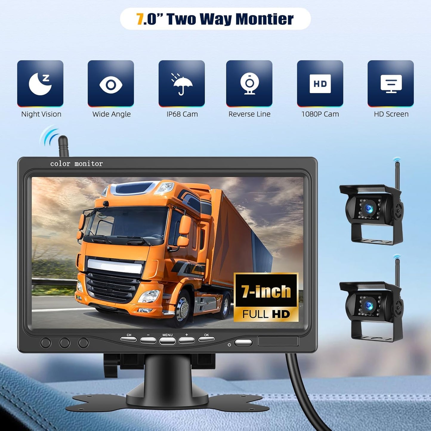 Wireless Vehicle Backup Camera System,7 Inch Reverse Camera Monitor for 2 Backup Cameras with IP69 Waterproof Night Vision Backup Camera Front Rear View Camera for Truck/RV/Van/SUV/Pickup