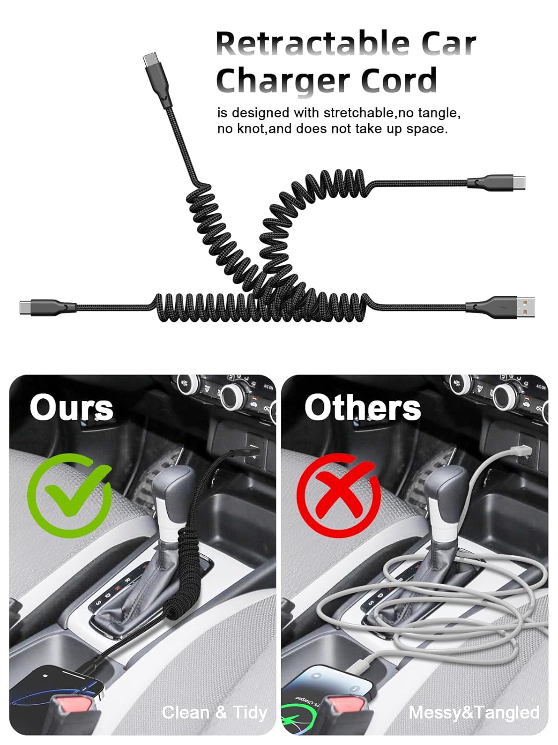 Car Carplay Cable 2Pack 3ft Coiled USB A to USB C Fast Charge Cord for iPhone 16/15/Plus/Pro Max/MacBook Pro, Auto Coiled Retractable iPhone Car Cord