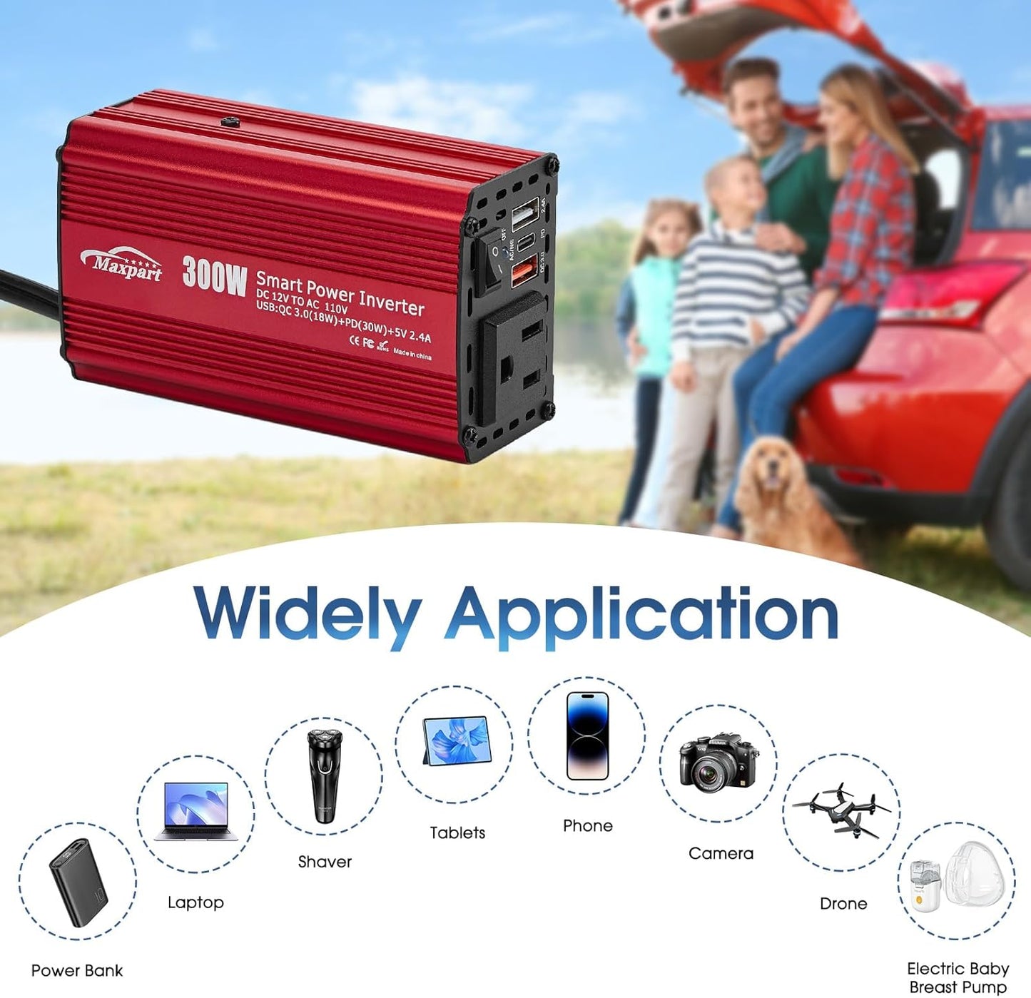 300W Car Power Inverter,12V DC to 110V AC Inverter Converter for Vehicles, PD (Type-C) QC3.0 and 2.4A USB Car Adapter with Cigarette Lighter Ports for Smartphones Laptops Tablets
