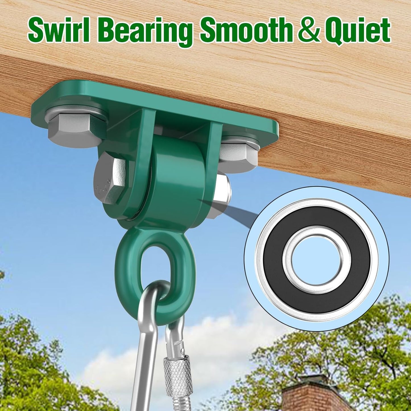 BETOOLL Swing Hangers with Bearing, Heavy Duty Porch Swing Hanging Kit for Outdoor Playground Tree Ceiling Mount Hardware Brackets with Snap Hooks for Yoga Hammock Sandbag Accessories 2PCS Green