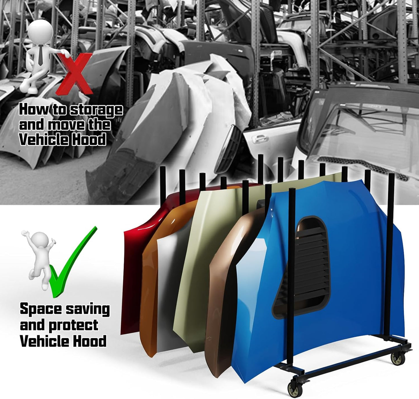 Vehicle Hood Storage Cart, 6 Hood Storage Rack with Dedicated Area for Each Hood Maximize Space Utilization 4 Inch Swivel Caster Allow Floor Mobile Vehicle Hood Storage Cart Smooth Maneuverability