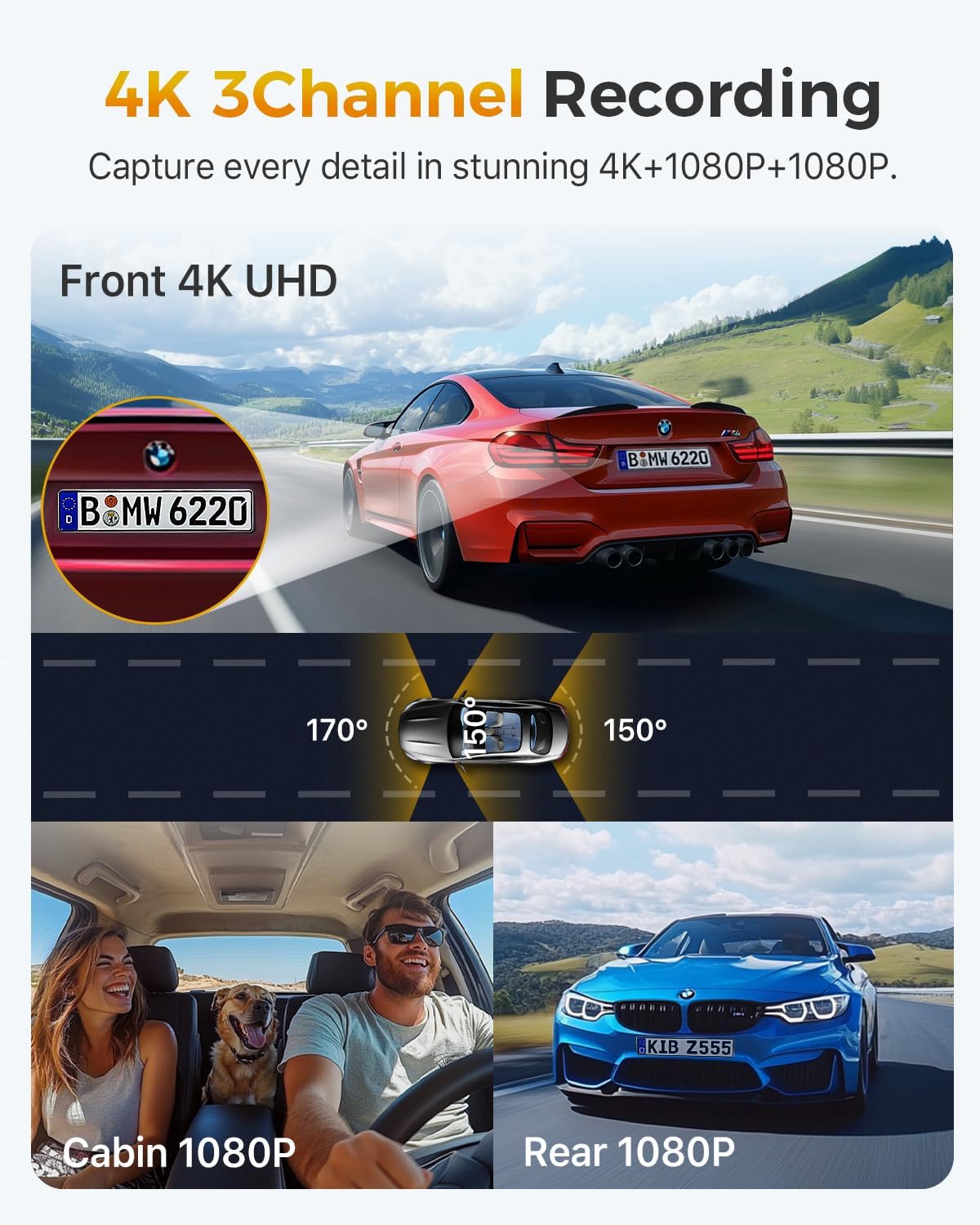 GKU 4K 3 Channel Dash Cam, 5.8GHz WiFi Built-in GPS, 4K+1080P+1080P Dash Cam Front and Rear Inside, 64GB Card Inserted, 24H Park Mode, Triple Car Camera 3 Inch Screen