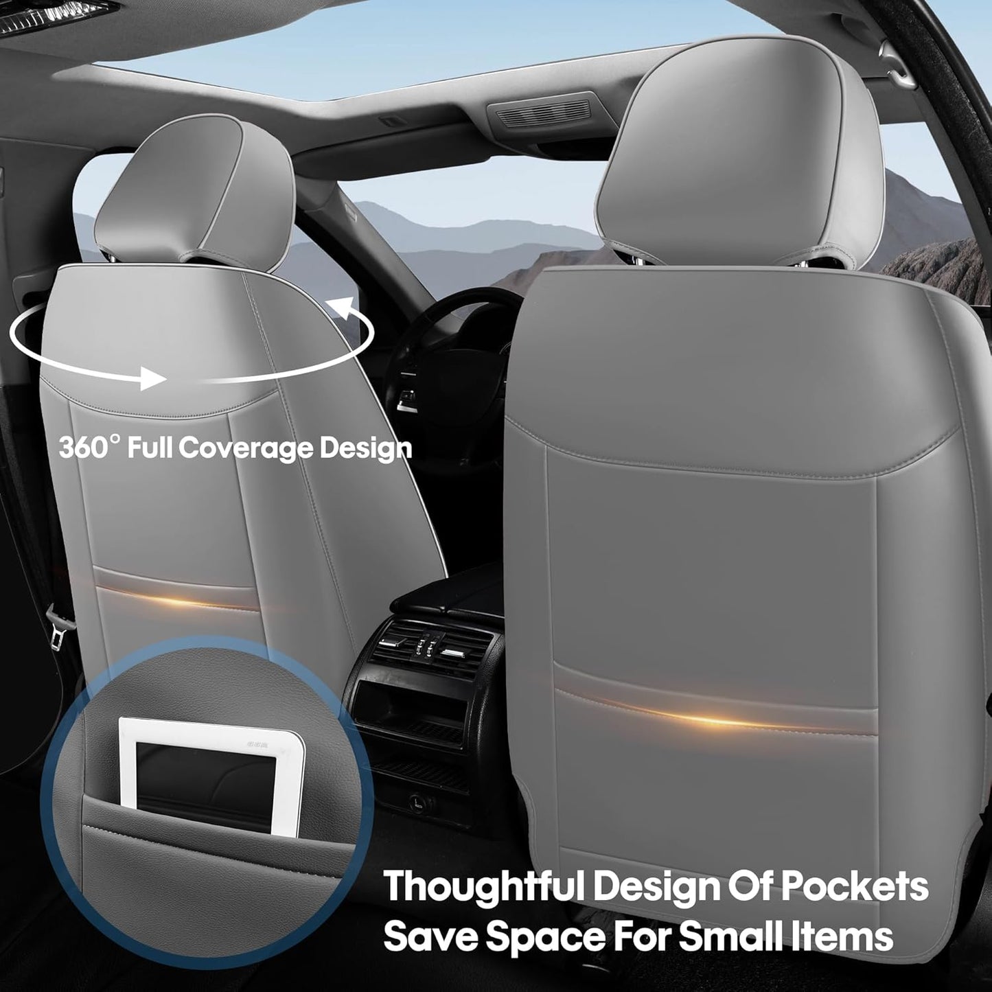 AOOG Car Seat Covers Full Set, Leather Seat Covers for Car, Waterproof Car Seat Protector with Lumbar Support, Automotive Seat Covers Universal Fit for Most Cars SUV Trucks (Full Set, Grey)