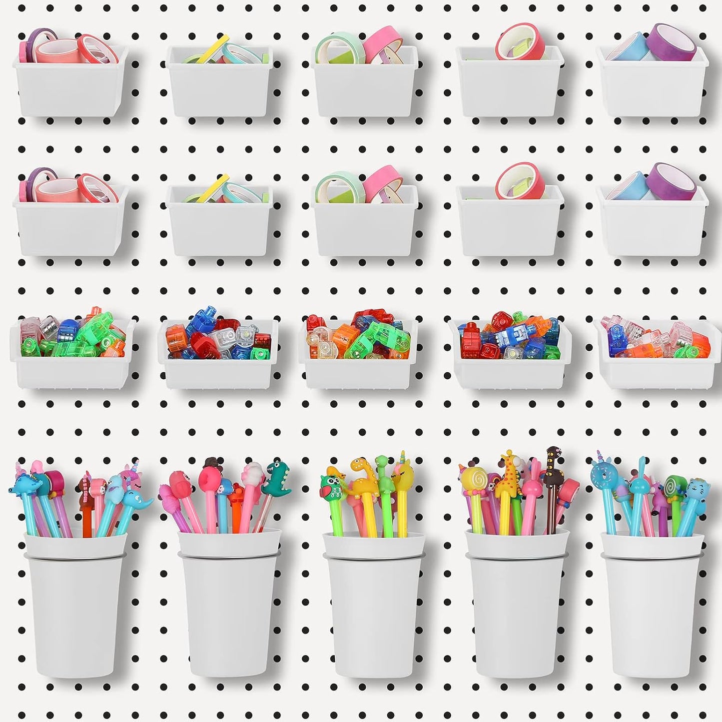 Yookeer 20 Pcs Pegboard Bins and Cups with Hooks and Loops Peg Assortment Organizer Accessories Various Tool Organizer Pegboard Baskets Set for Garage Workshop Workbench Office(White)