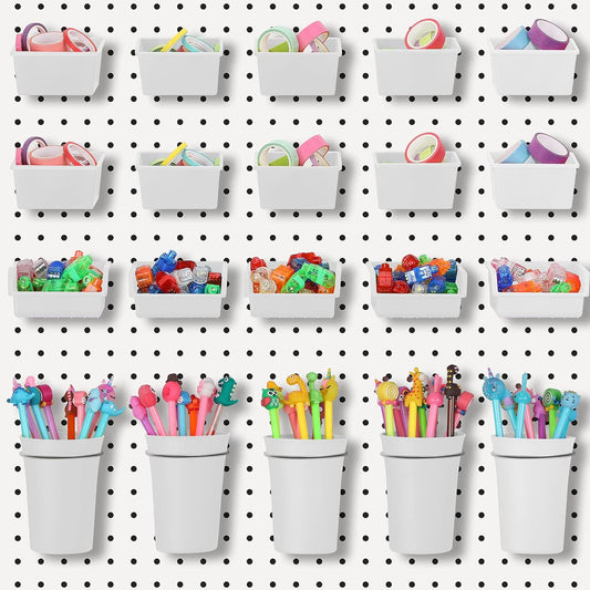 Yookeer 20 Pcs Pegboard Bins and Cups with Hooks and Loops Peg Assortment Organizer Accessories Various Tool Organizer Pegboard Baskets Set for Garage Workshop Workbench Office(White)