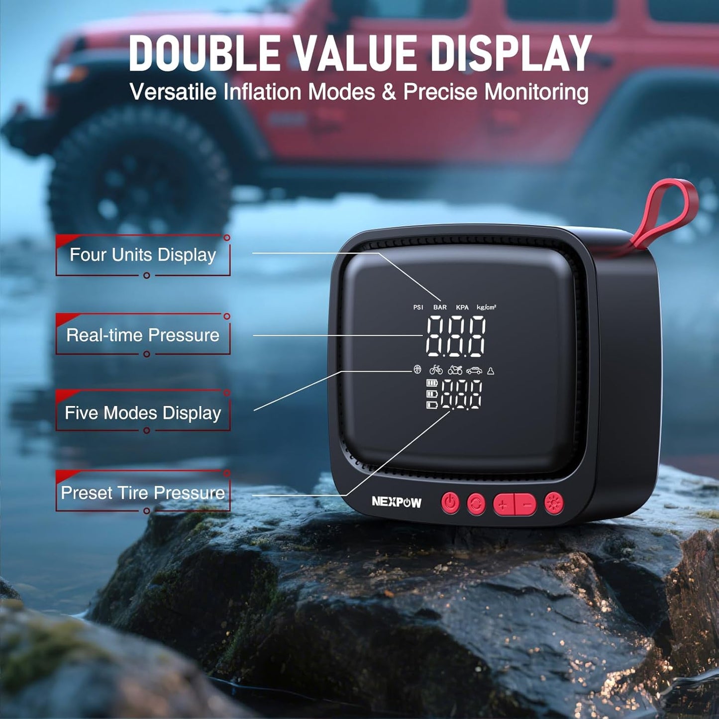 NEXPOW Tire Inflator Portable Air Compressor, 180 PSI Cordless Air Pump for Car Tires with Dual Digital Pressure Gauge & Auto Shut-Off, Portable Tire Pump for Car, Motorcycle, Bicycle, Ball and More