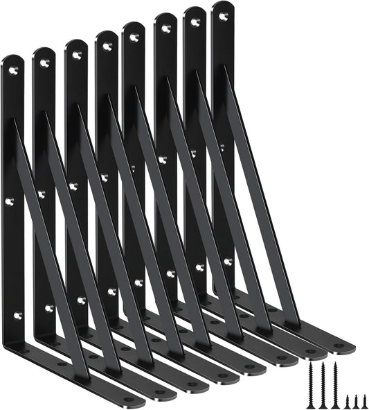 8 Pack L11 x H 8" Black Heavy Duty Shelf Brackets with Screws Metal Shelf Brackets Shelf Support Angle Brackets for Shelves L Brackets Heavy Duty Floating Shelf