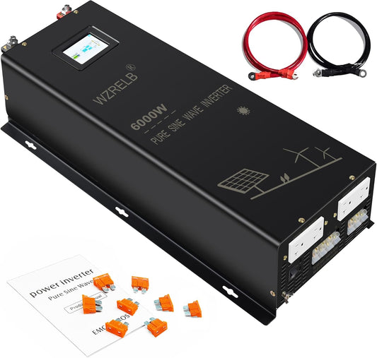 WZRELB 6000W Split Phase Pure Sine Wave Inverter, 48V DC to 120V/240V AC, 4 AC Outlets, Hardwire Terminal, High Efficiency up to 91.6%