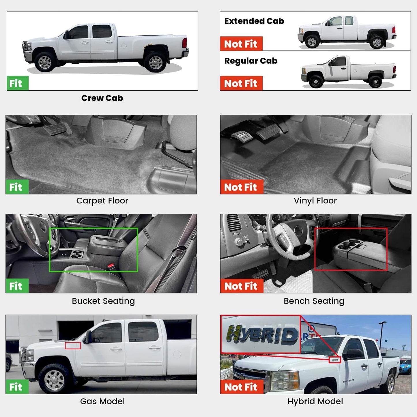 LASFIT Floor Mats 2007-2013 for Chevy Silverado/GMC Sierra 1500, 2008-2014 2500 HD 3500 HD, Gasoline only, Crew Cab, 1st Row Bucket Seat, All Weather TPE Custom Fit Car Floor Liners, 1st and 2nd Row