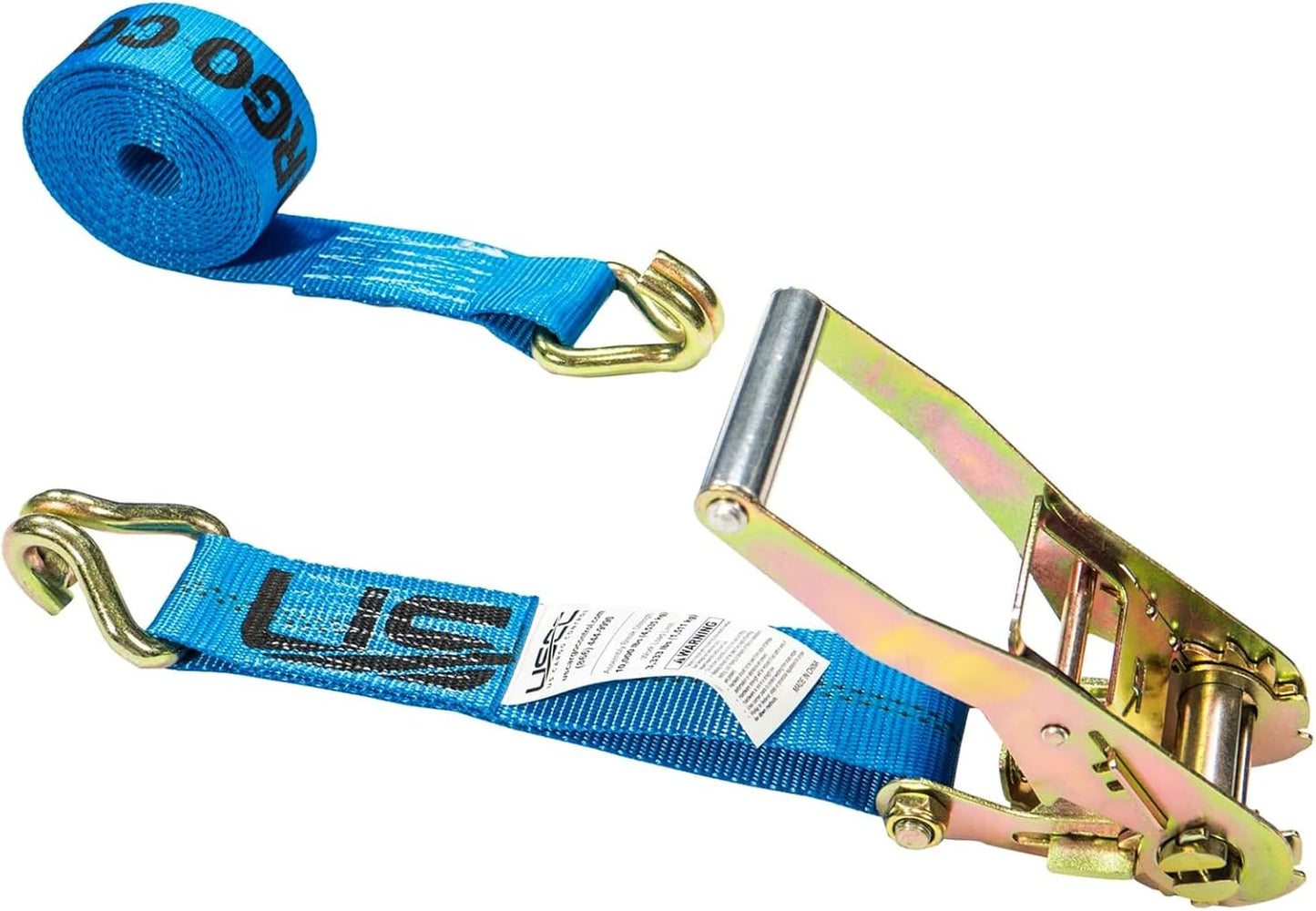 US Cargo Control 2 Inch Wide x 18 Foot Long Heavy Duty Ratchet Strap with J Hooks, Blue Weather Resistant Webbing, 3,333 Pound Working Load Limit
