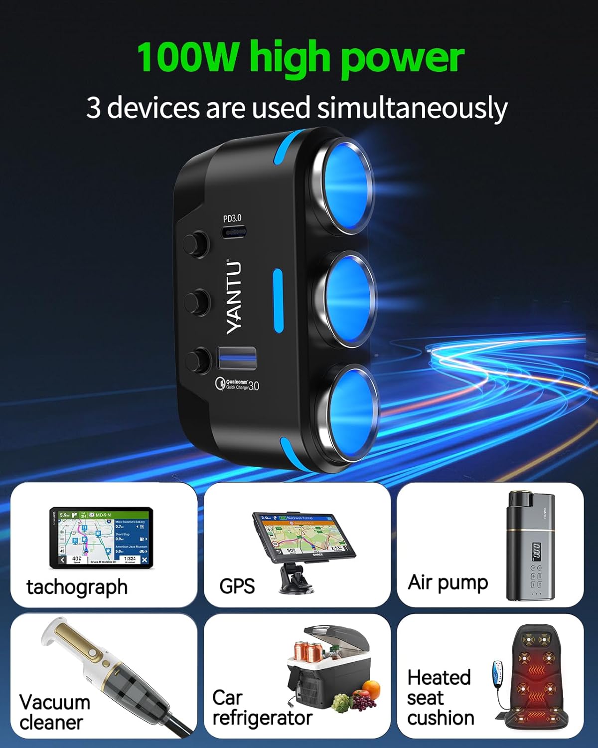 YANTU Cigarette Lighter Adapter/Splitter with PD&QC3.0 230W,Double/Dual USB C Car Charger Fast Charging 12V Outlet,Multi Socket Splitter with Ambient Lights/Independent Switches for Cars/Trucks/RVs