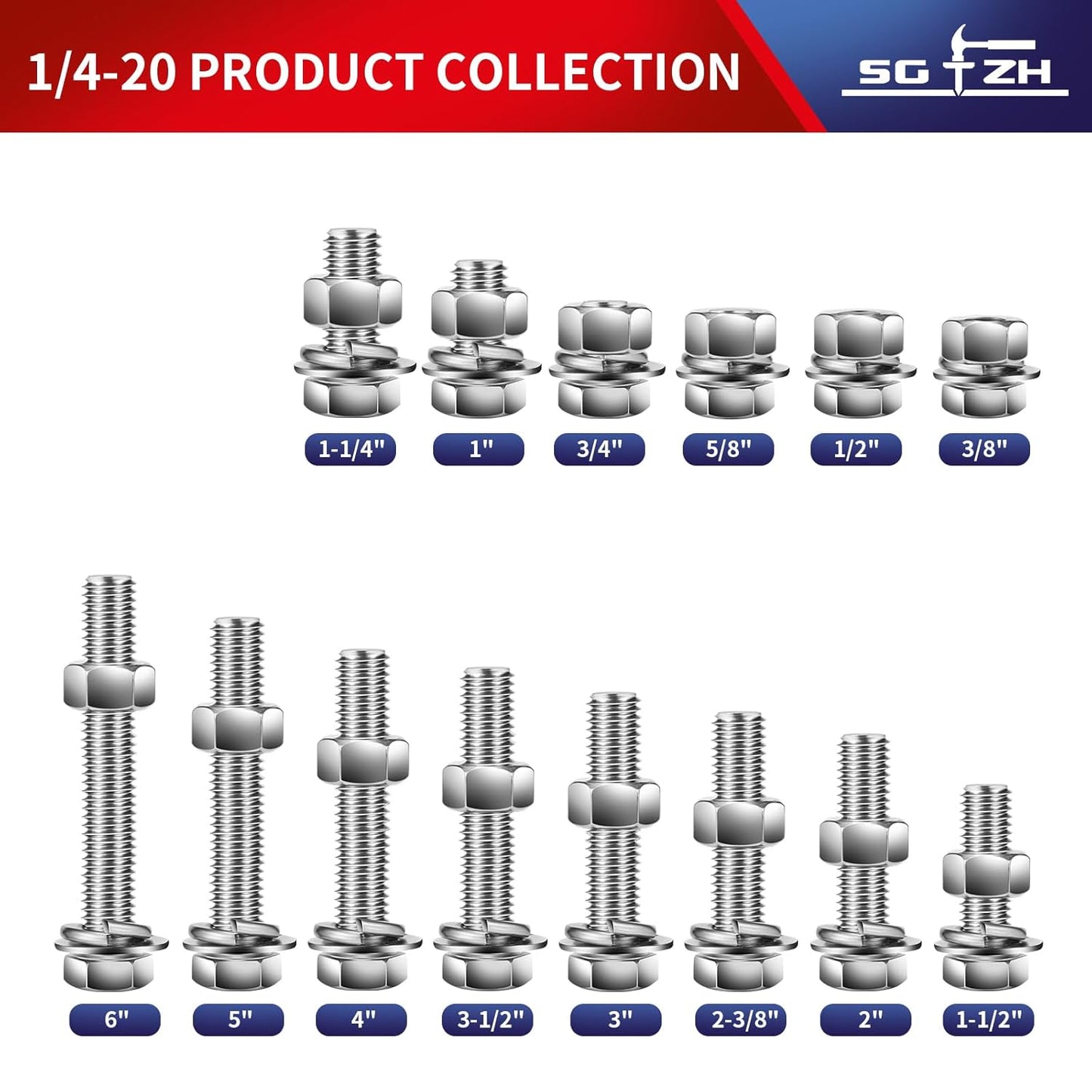 1/4-20 x 4" Hex Head Screw Bolt, Nuts, Flat & Lock Washers, 10Pcs 18-8 (304) Stainless Steel, Fully Threaded, by SG TZH