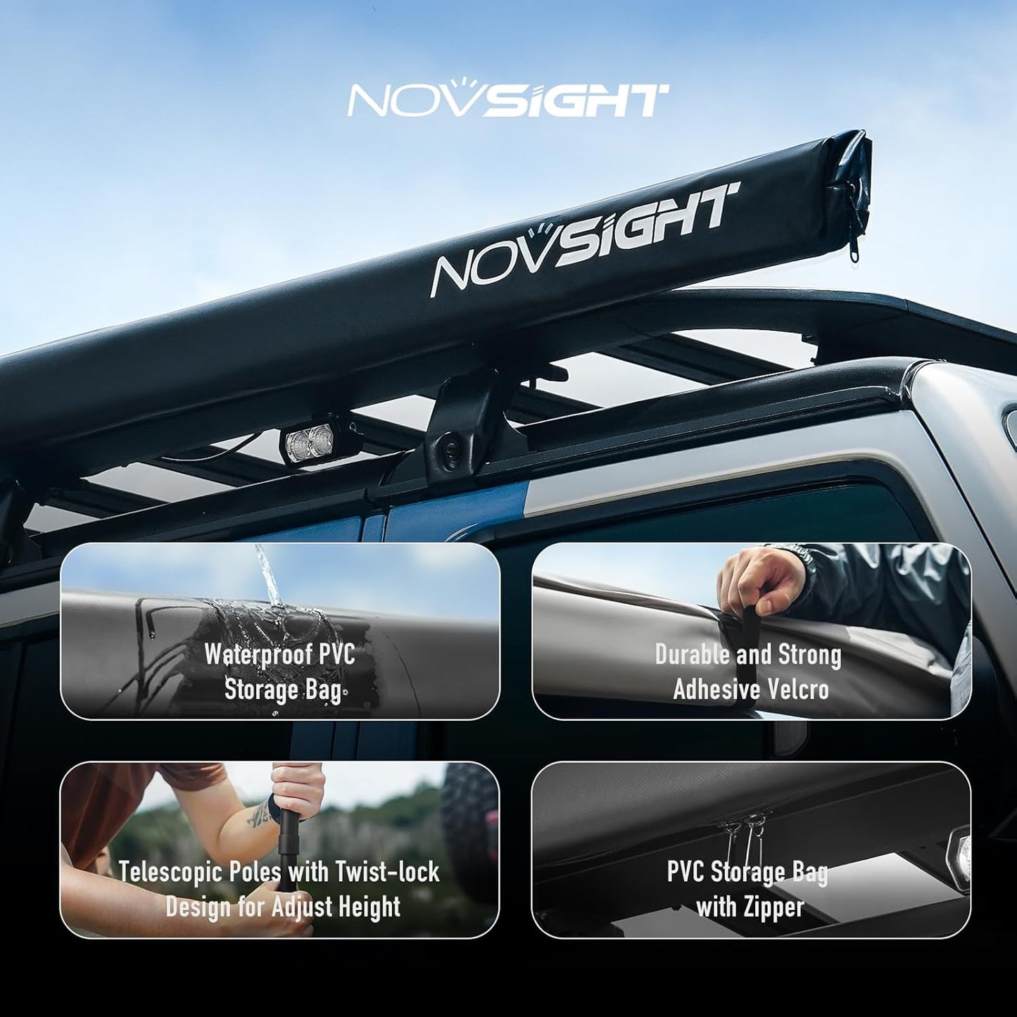 NOVSIGHT Car Side Off Road Awning 8.2 x 10ft, Waterproof Pull-Out for Camping 5000mm PU Adjustable Height Retractable Roof Rack Canopy for Travel, Forest Gray