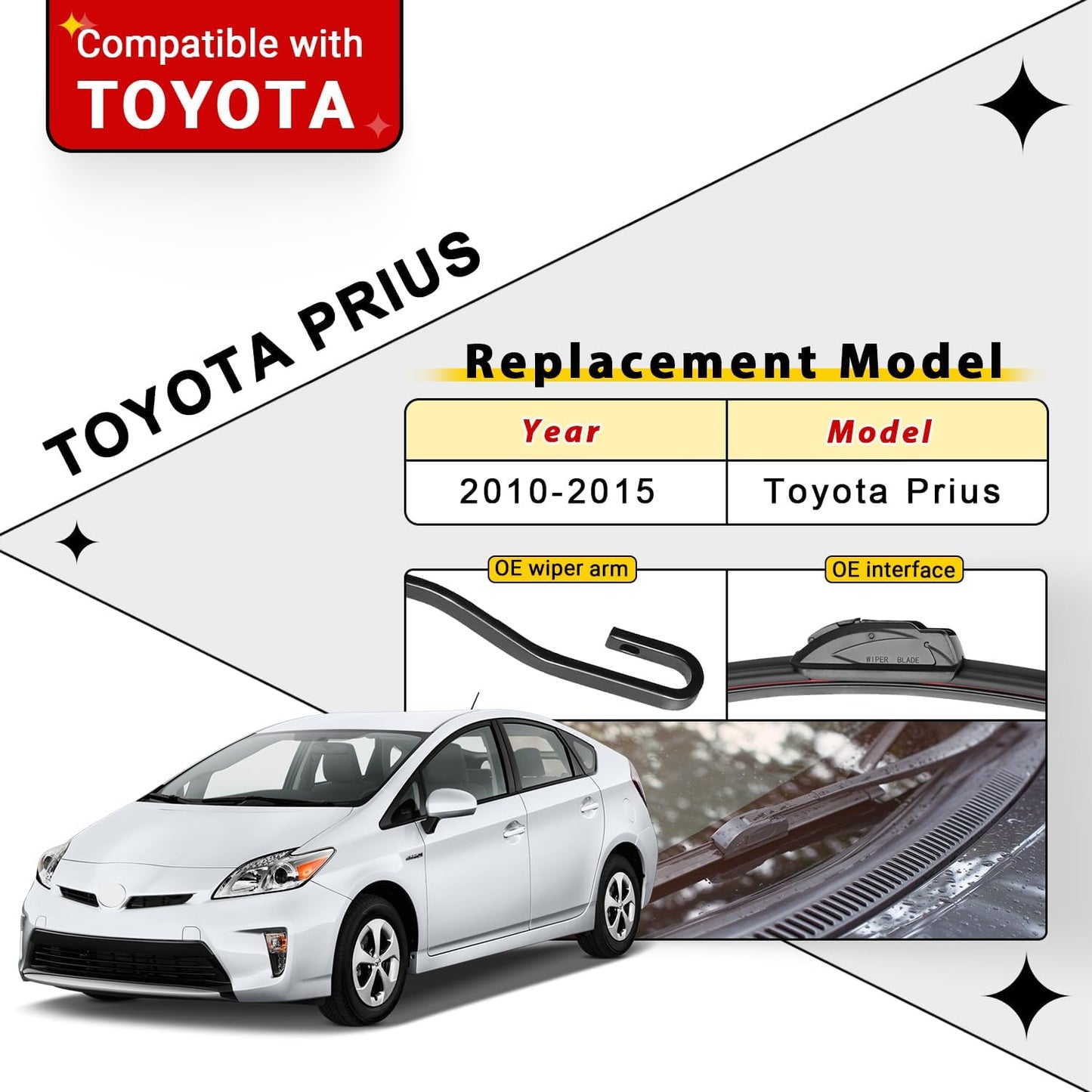 Windshield Wiper Blades Replacement for Toyota Prius 2010 2011 2012 2013 2014 2015 Original Factory Quality Front Rear Wipers Blade Set for My Car - 26" 19" 16" (Pack of 3)