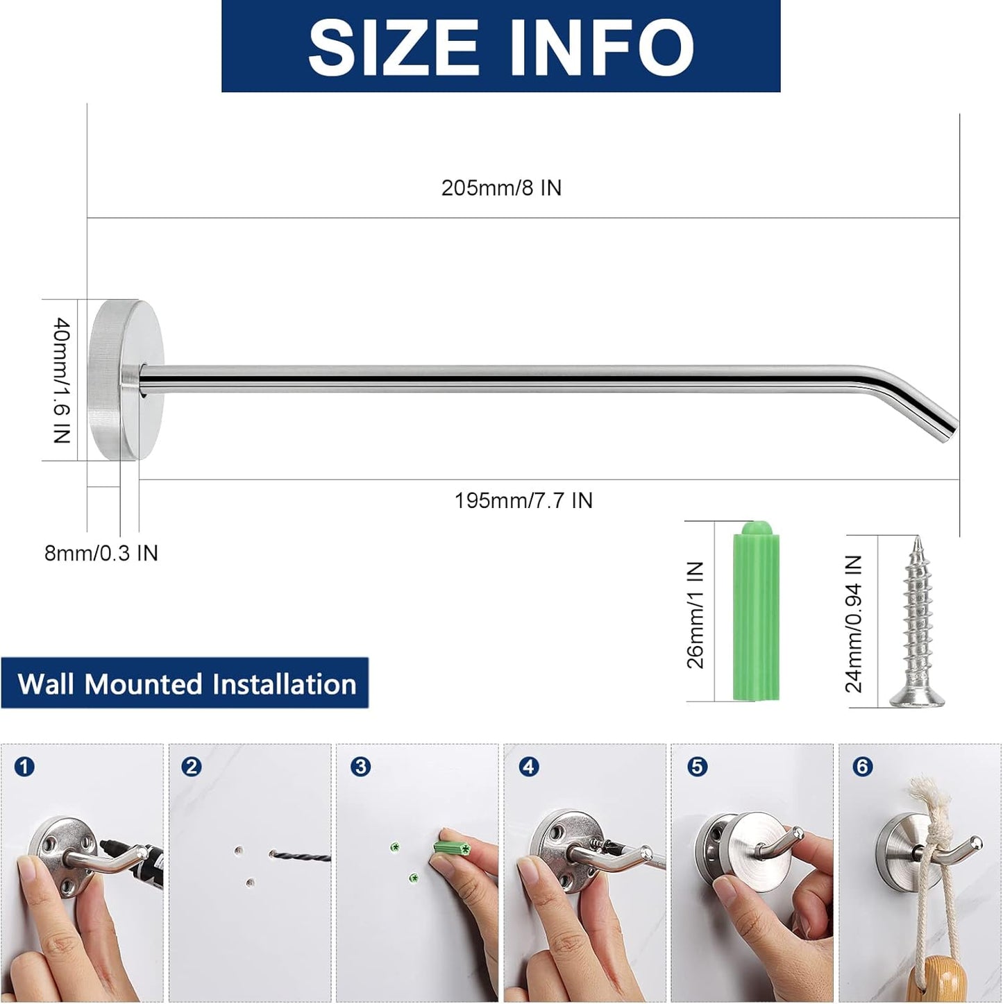 NearMoon Coat Hooks, Wall Hooks for Hanging Hat Hurse Robe, 304 Stainless Steel Heavy Duty Towel Hangers for Bathroom Livingroom Hotel Kitchen Garage, 6 Pack (8 Inch, Brushed Nickel)