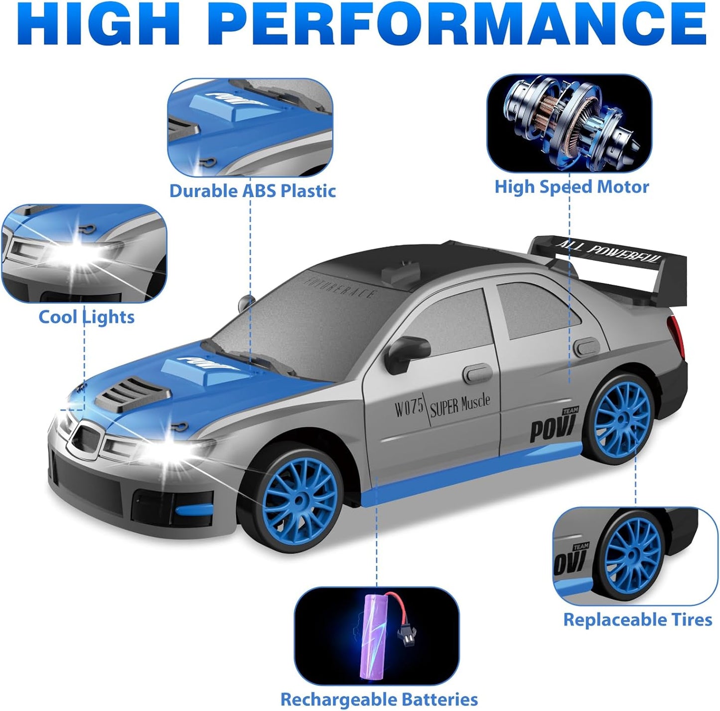 RC Drift Car, 1/24 2.4GHz 4WD Remote Control Car High Speed Drift RC Cars with LED Lights, Rechargeable Battery and Drifting Tires Racing Toy Cars for Kids Boys Girls Adults(Grey)