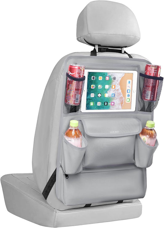LUCMO Car Backseat Organizer with Touch Screen Tablet Holder,9 Storage Pockets Car Storage Organizer,Protectors Kick Mats Travel Accessories for Kids-Grey
