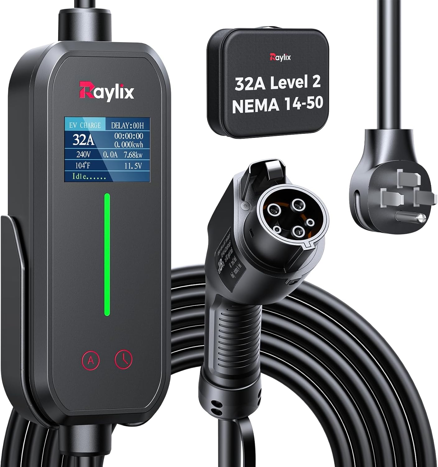 Raylix 32A Level 2 EV Charger, 240V 7.68kW Mobile Electric Car Charger with 21ft Cable [Adjustable Current & Delay Charging] Portable EV Chargers for All SAE J1772, NEMA 14-50 Plug 4 Prong Plug