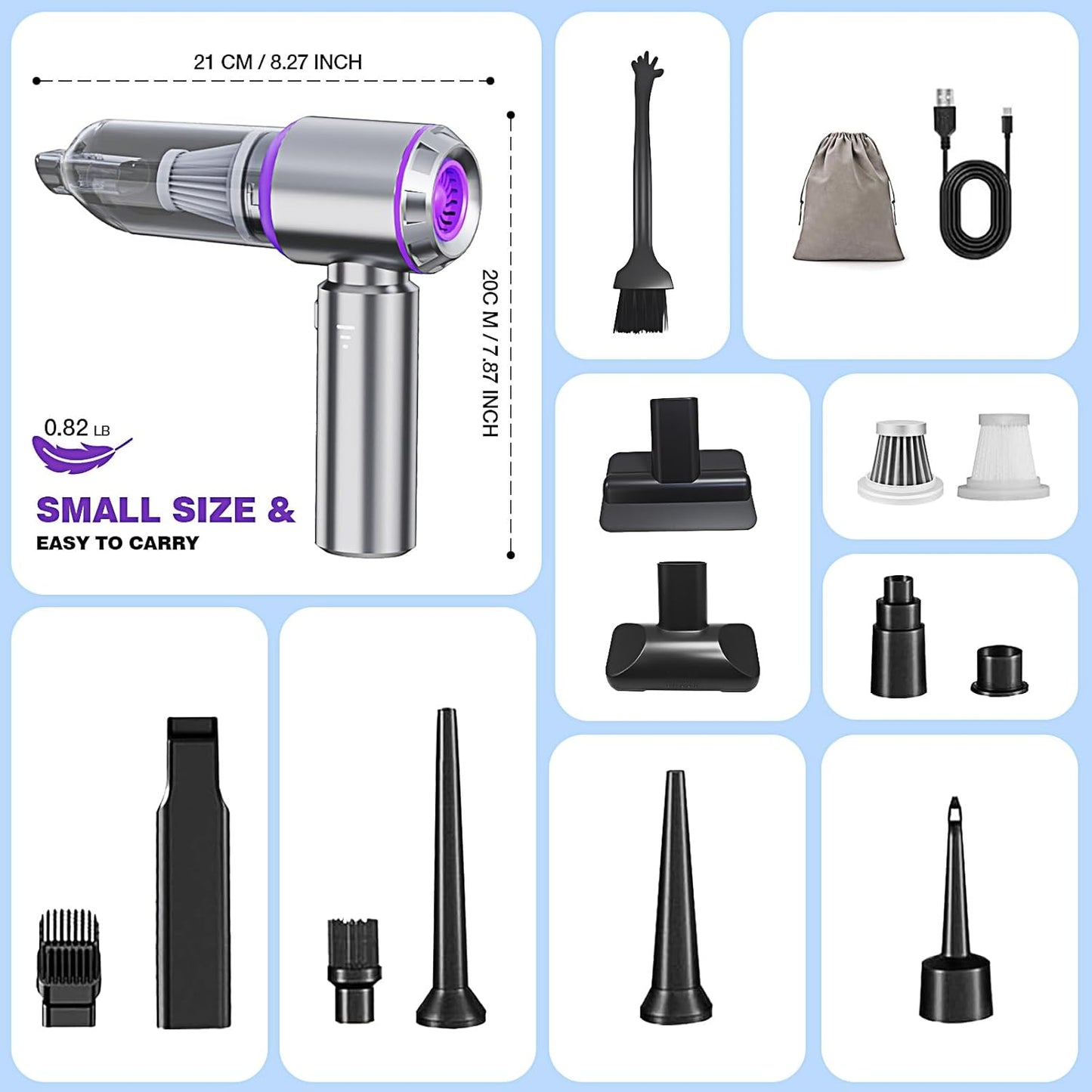 Mini Car Vacuum Cleaner,20000PA 4-in-1 Cordless Handheld Vacuum Cleaner with 6000mAh Battery Brushless Motor Hand Held Vacuum Air Duster & Air Blower & Pump for Car,Office and Home Cleaning