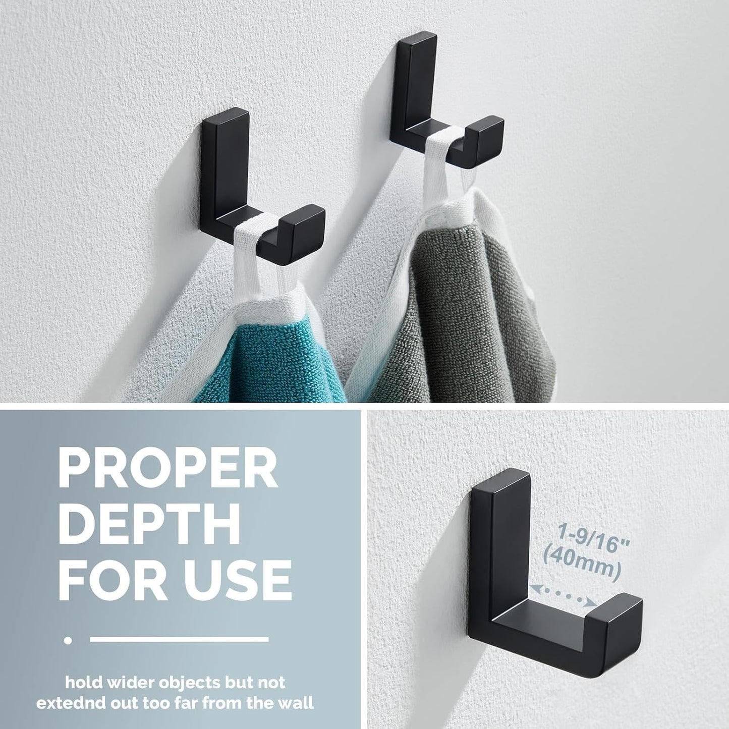 Angle Simple Bathroom Towel Hooks, SUS 304 Stainless Steel Robe Coat Holder Hanger Wall Mounted, Matte Black, 4 Pack