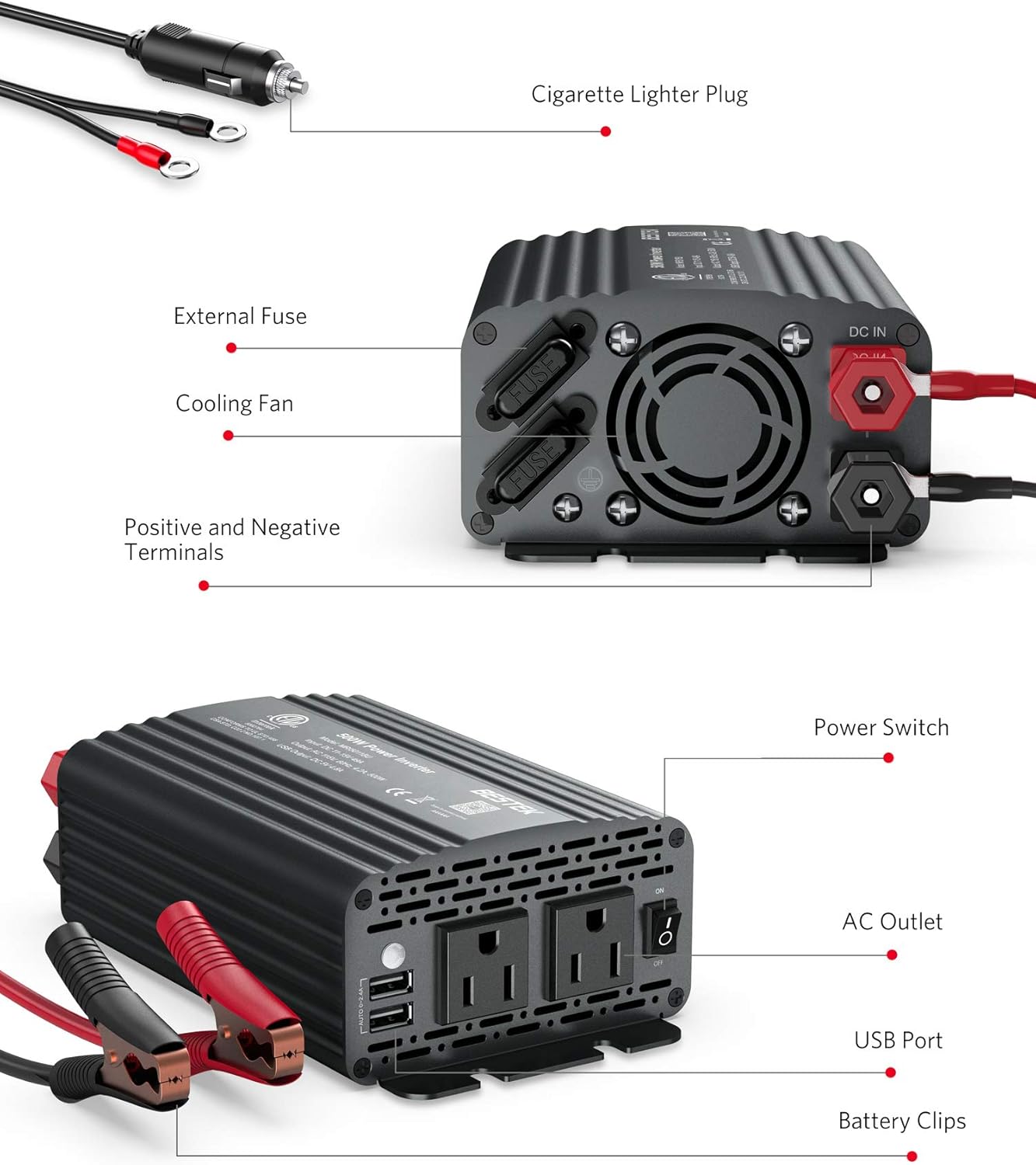 BESTEK 500W Power Inverter DC 12V to 110V AC Converter with 4.8A Dual USB Car Charger ETL Listed (Grey)