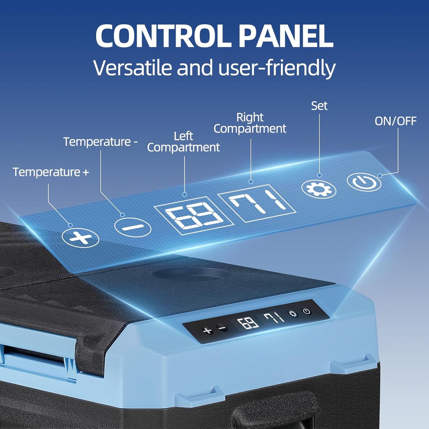 25L Car Refrigerator Freezer, 27QT Dual Zone Portable Compressor Cooler with Reversible Door, 100–240V AC / 12V / 24V DC Powered, Touchscreen Control, LED Light, -4℉ to 68℉, Ice Blue