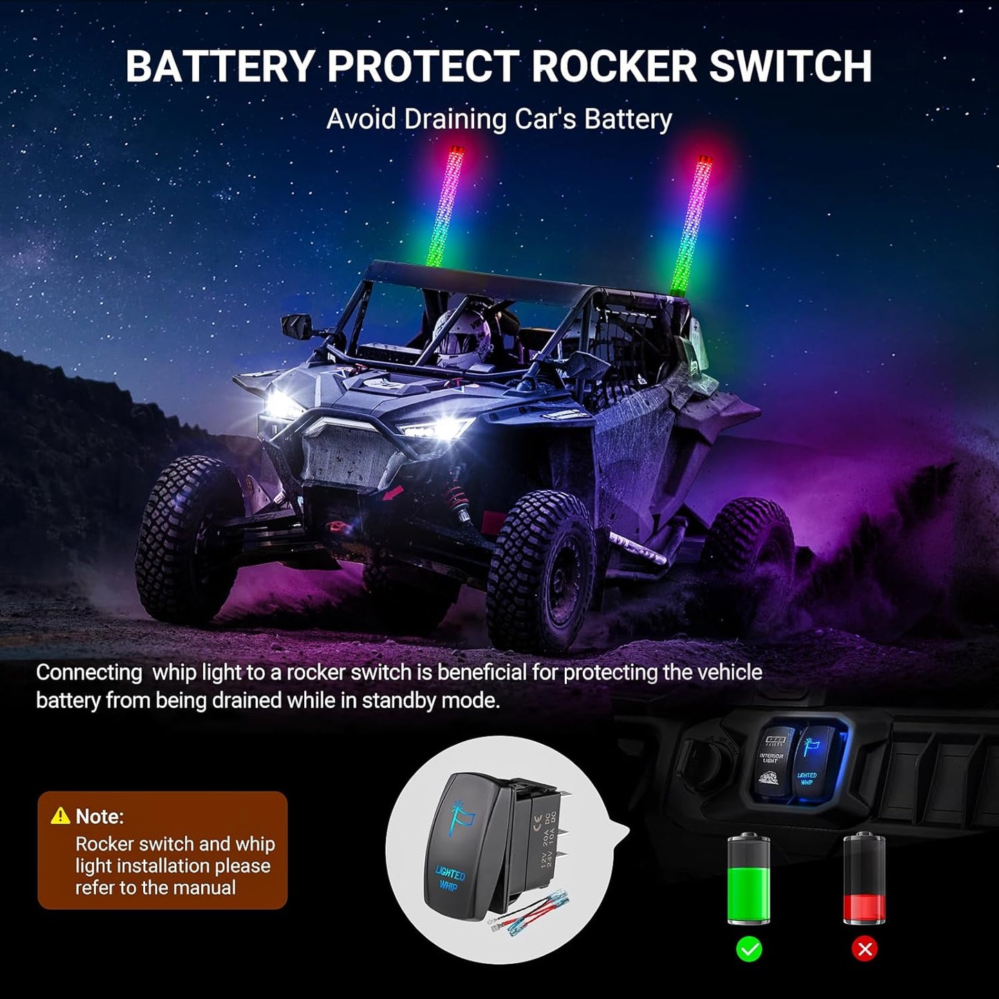 3FT Fat Whip Lights for UTV ATV with Spring Base, Led Fatty Whip Light W/Rocker Switch & 3 Flags, Brighter Spiral Chasing Lighted Antenna Whip with APP & Remote Control for RZR SXS Can-Am